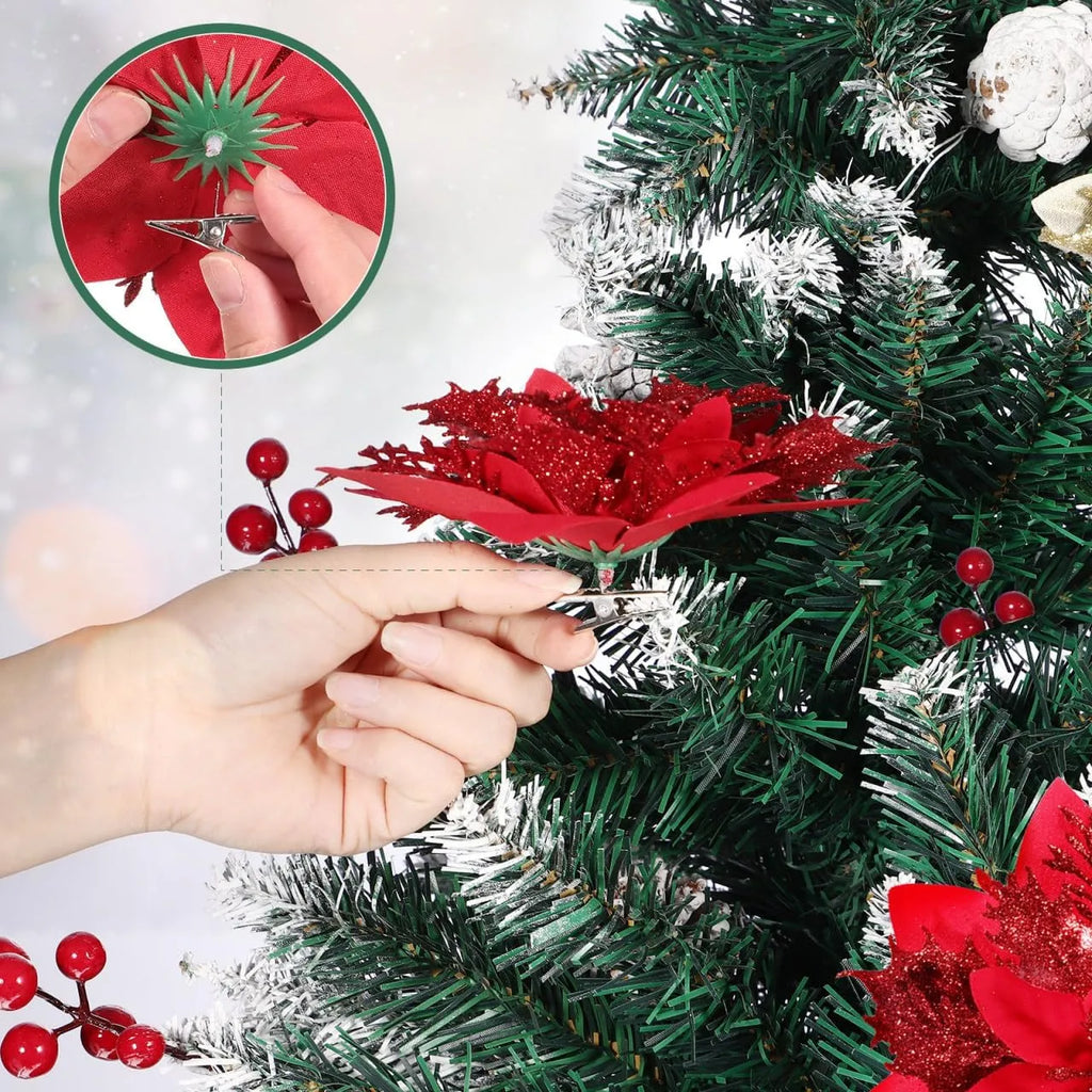 10-Piece Red Glitter Poinsettia Clip Set for Christmas Decorating