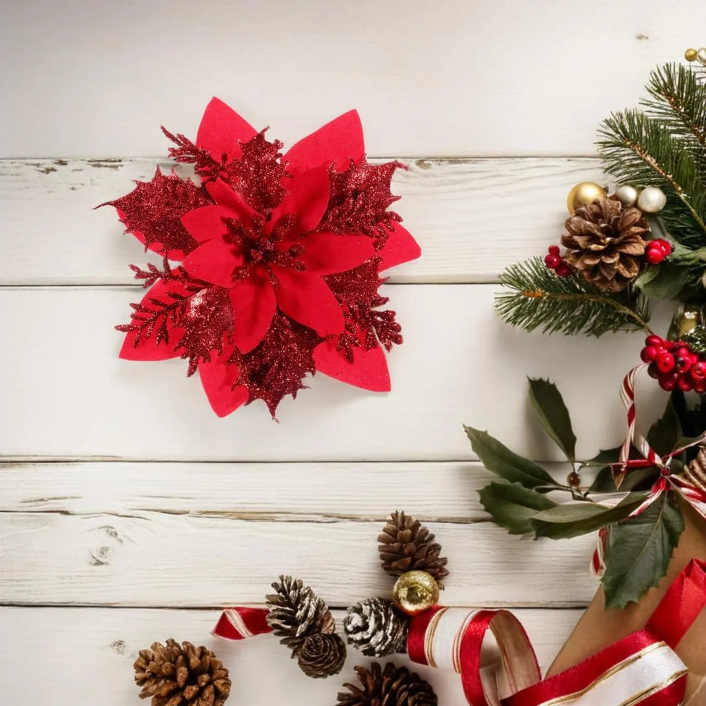 10-Piece Red Glitter Poinsettia Clip Set for Christmas Decorating