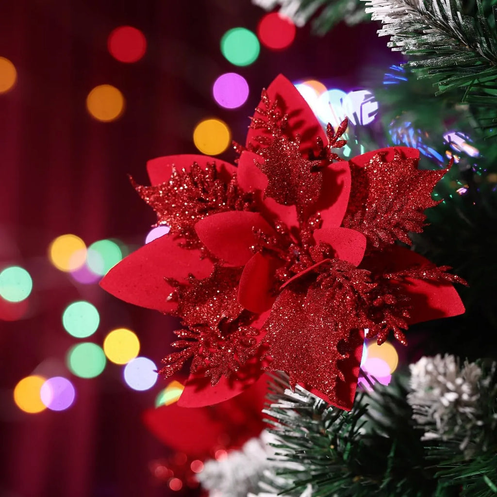 10-Piece Red Glitter Poinsettia Clip Set for Christmas Decorating