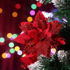10-Piece Red Glitter Poinsettia Clip Set for Christmas Decorating