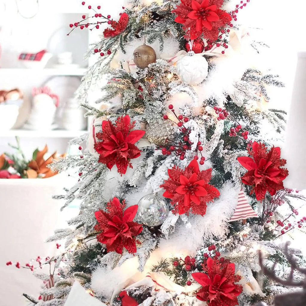 10-Piece Red Glitter Poinsettia Clip Set for Christmas Decorating