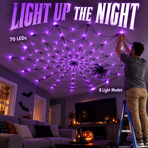 70-LED Halloween Spider Web Lights with Spider