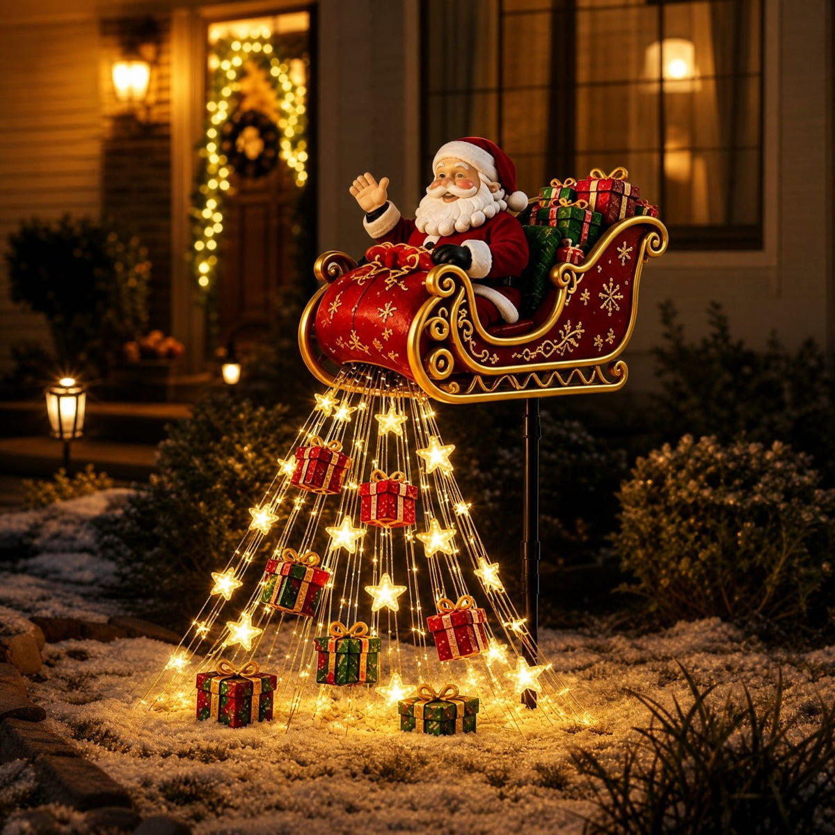 Solar Santa sleigh cascade light glowing in a snowy garden at night
