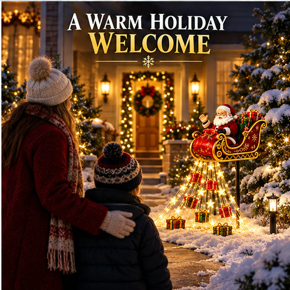 Adult and child viewing a glowing Solar Santa sleigh display beside a front path