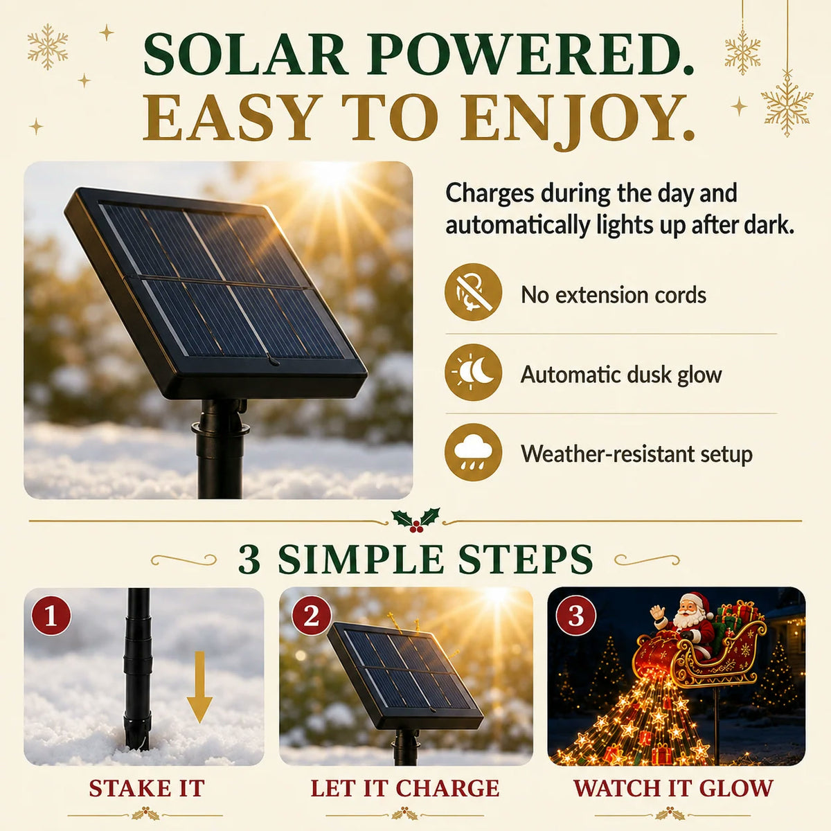 Solar Santa sleigh setup steps showing stake, charging panel, and nighttime glow