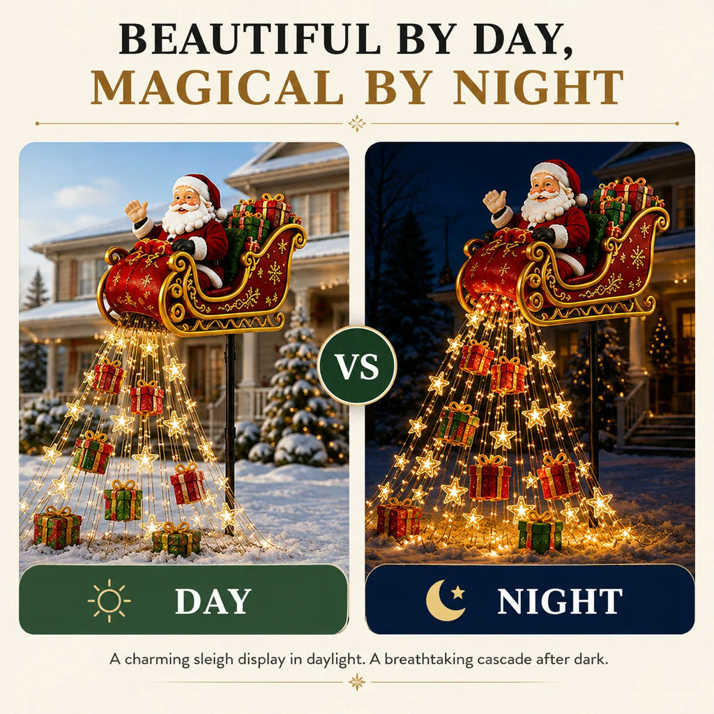 Supplied day and night comparison of the Santa sleigh garden display