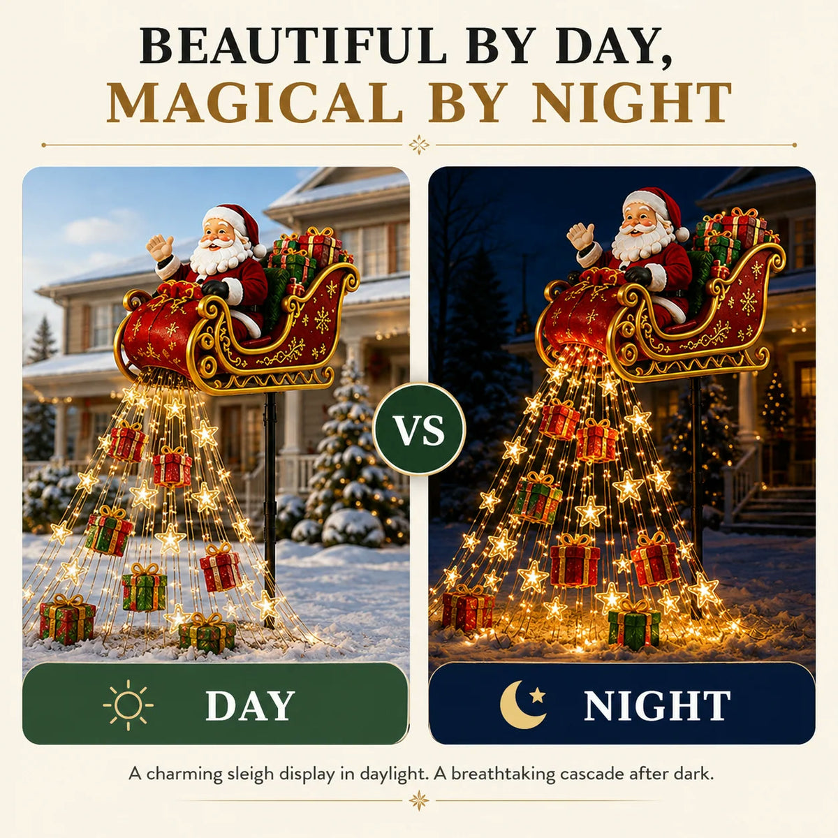 Supplied day and night comparison of the Santa sleigh garden display