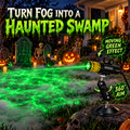 Green laser projector turning low fog into a glowing haunted swamp effect