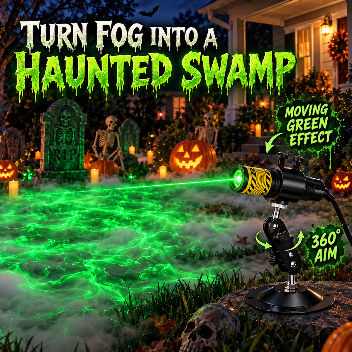 Green laser projector turning low fog into a glowing haunted swamp effect
