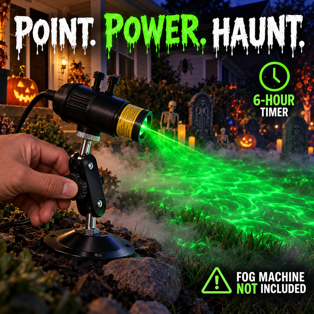 Hand adjusting the bracket of the green laser fog projector in a Halloween yard