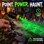 Hand adjusting the bracket of the green laser fog projector in a Halloween yard