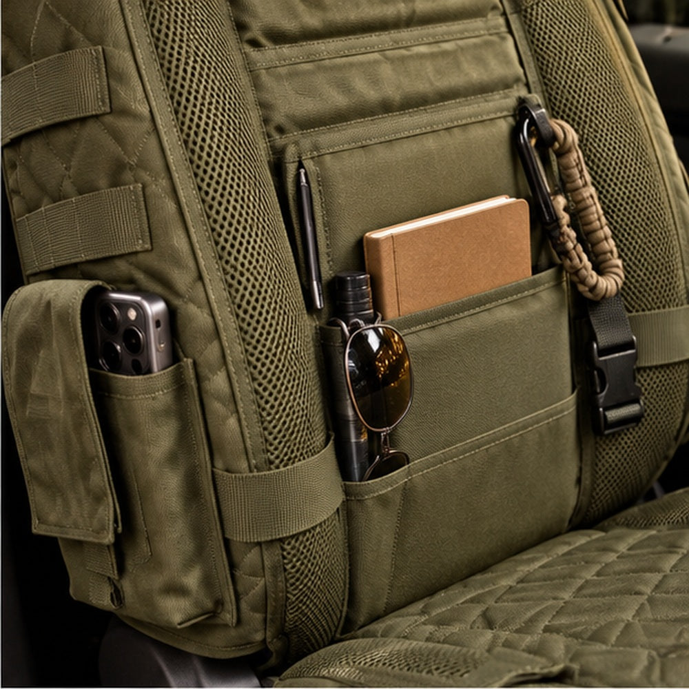 Close view of the green seat protector pockets, webbing, mesh, and side buckle