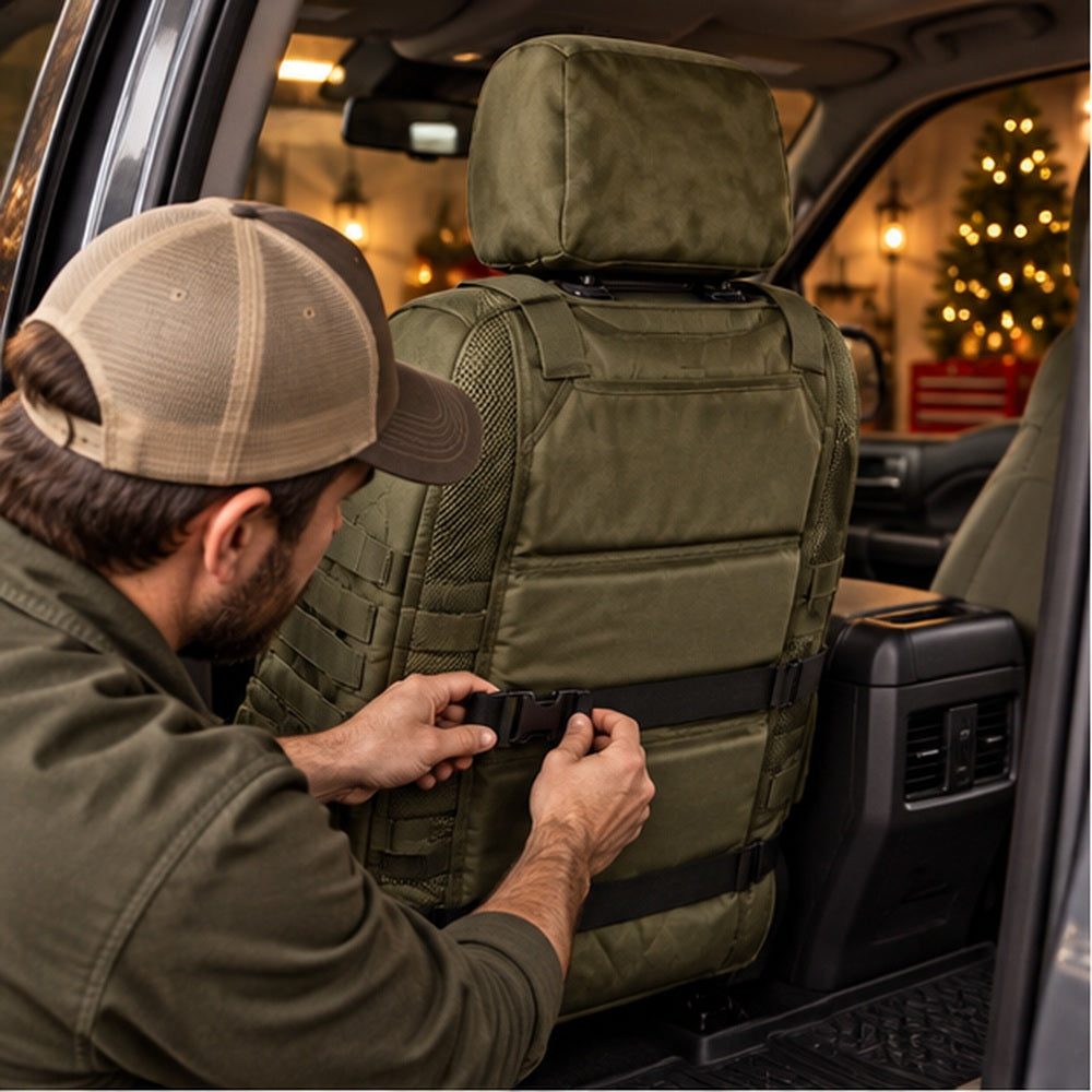 Rear three-quarter view showing the green seat protector straps being fastened