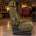 Side profile of the green tactical seat protector in a premium holiday garage