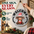 Snowy Gray Highland cow welcome sign in a festive American entryway